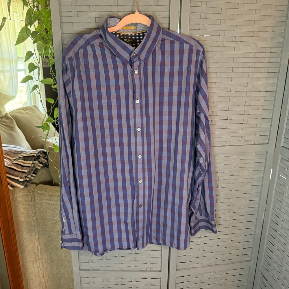 Ted Baker London,‎ 100% Cotton Purple Checkered Button Down Shirt. Size XL